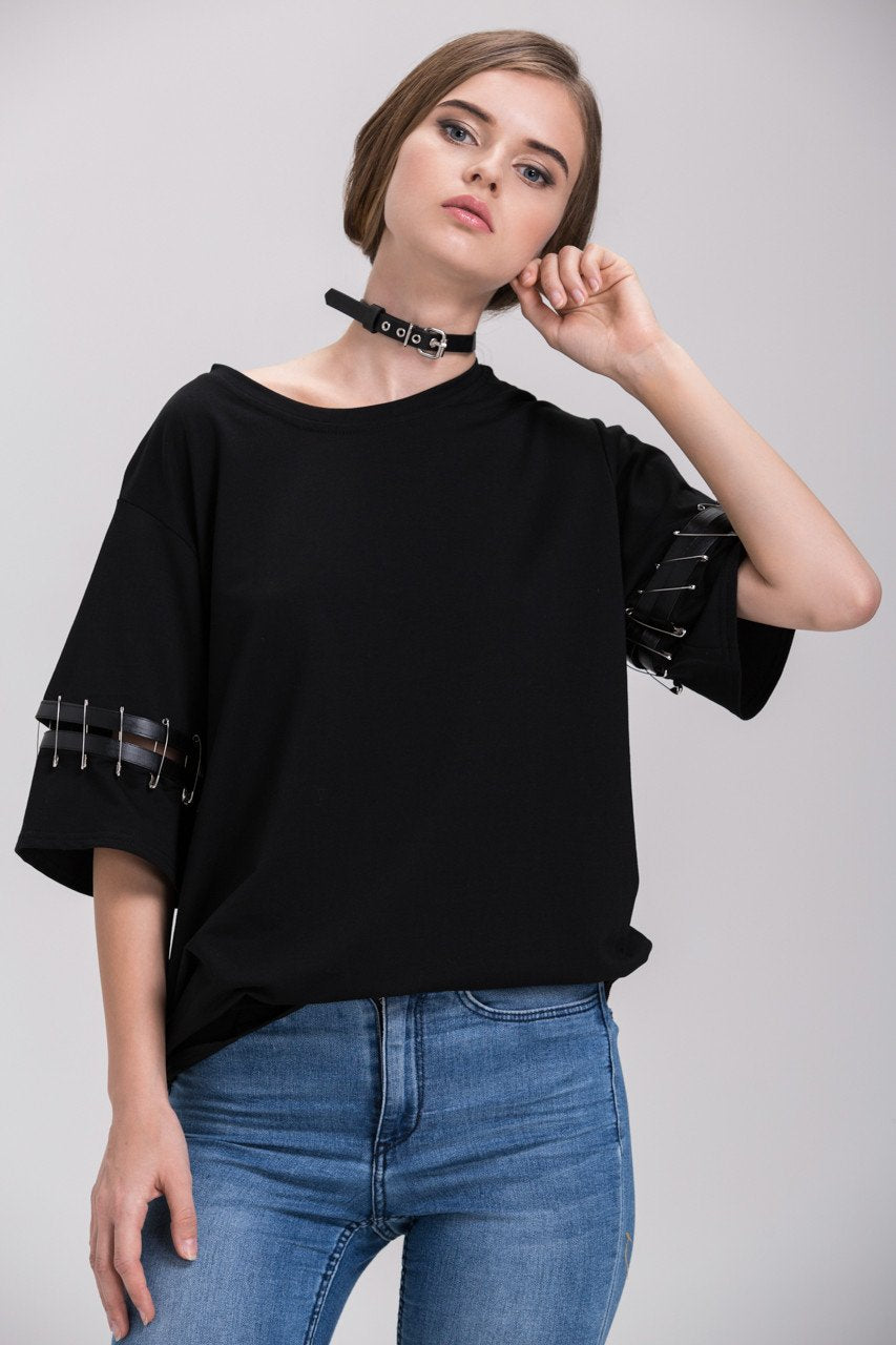 Black Over Sized Pin Shoulder Detail Top