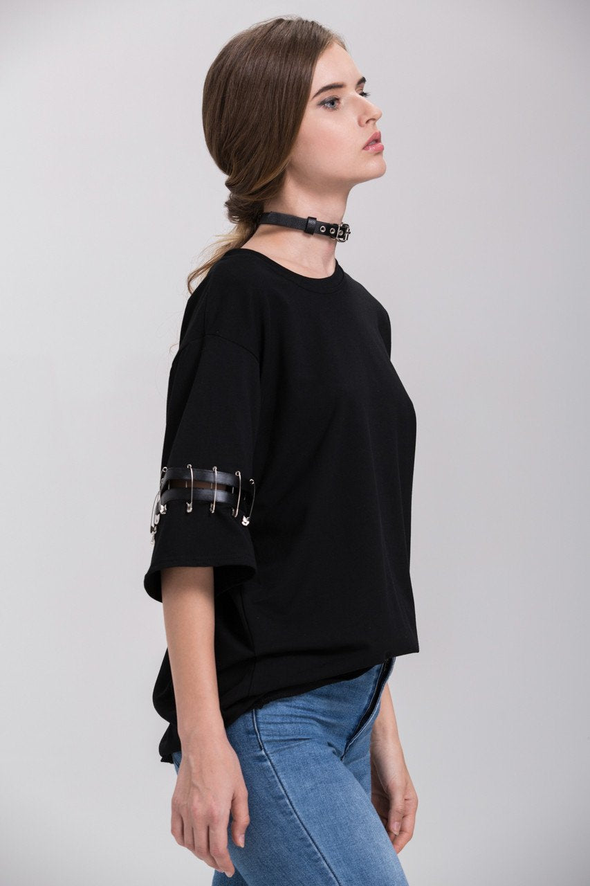 Black Over Sized Pin Shoulder Detail Top