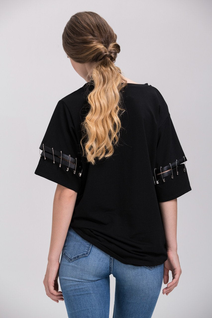 Black Over Sized Pin Shoulder Detail Top