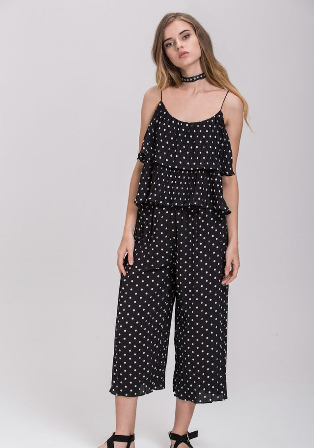 Black Polkadot Pleated Tiered Ruffle Co-ord