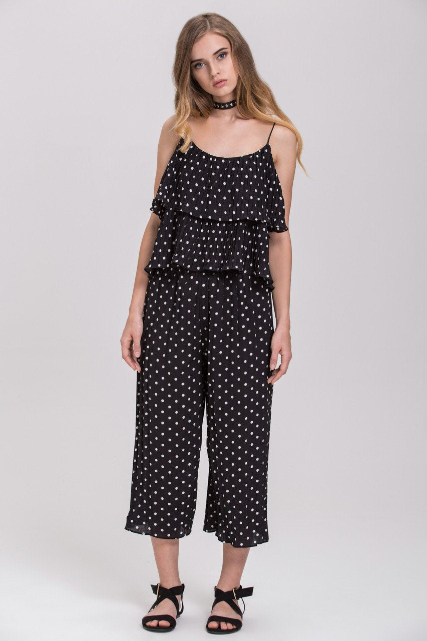Black Polkadot Pleated Tiered Ruffle Co-ord