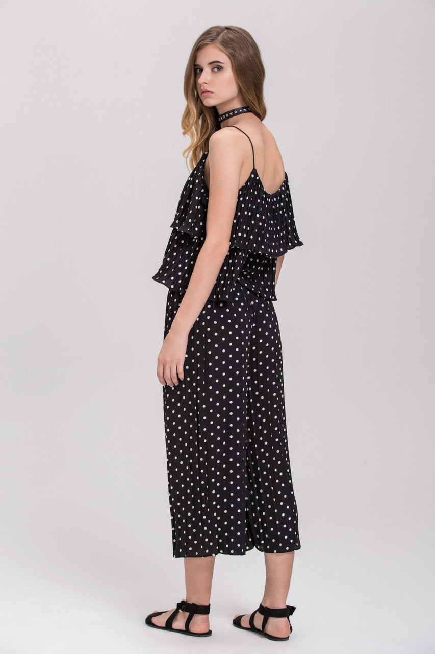 Black Polkadot Pleated Tiered Ruffle Co-ord