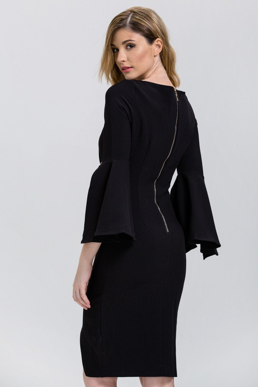 Black Zip Up Flare Sleeve Midi Dress