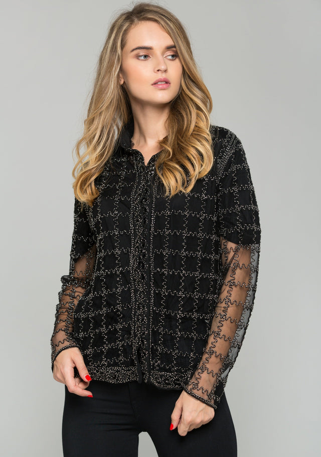 Black and Silver Embroidered Long Sleeved Top