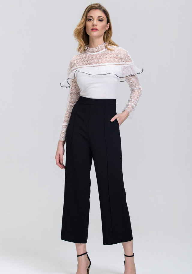Black and White Heavy Lace Long Sleeves Palazzo Jumpsuit