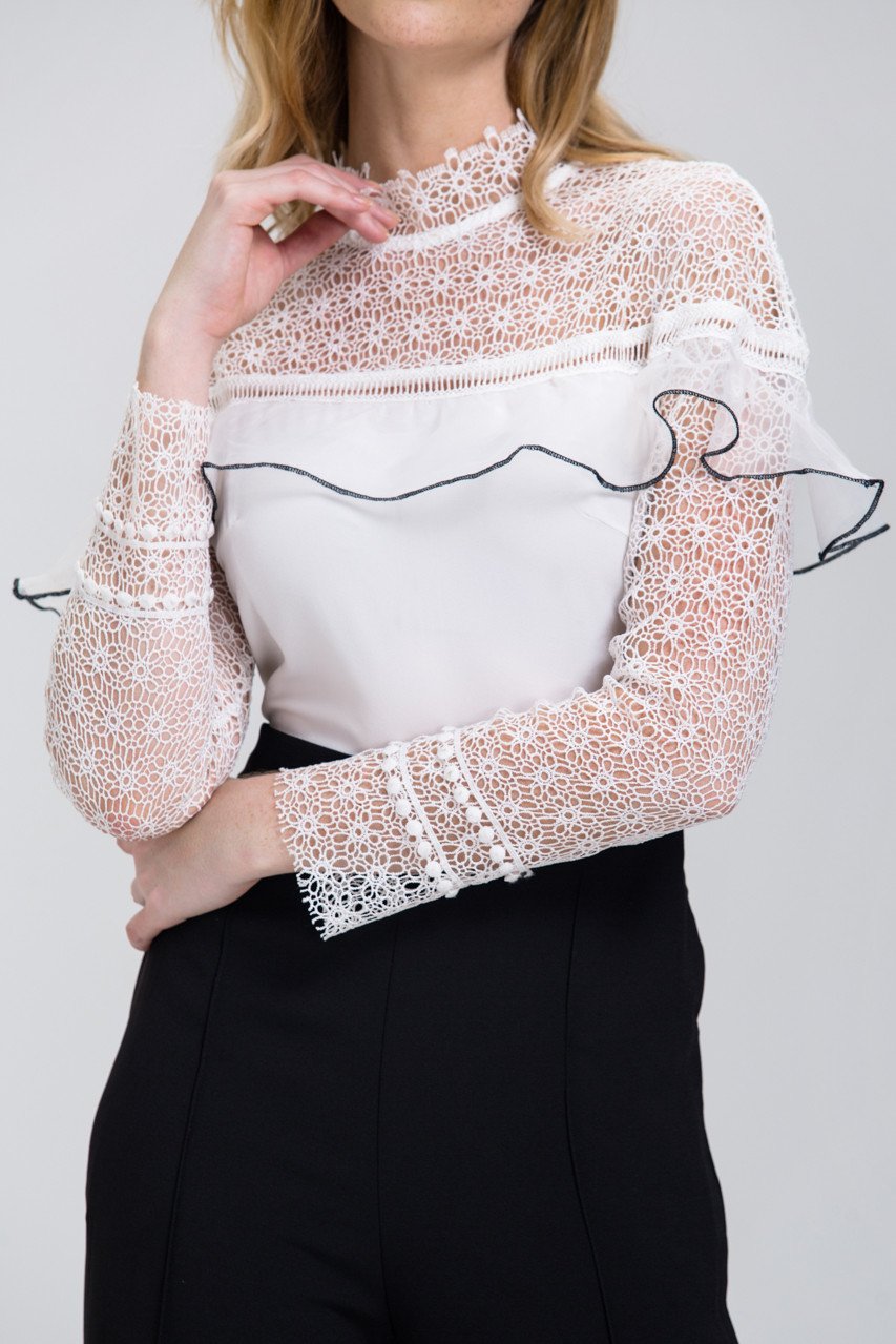 Black and White Heavy Lace Long Sleeves Palazzo Jumpsuit