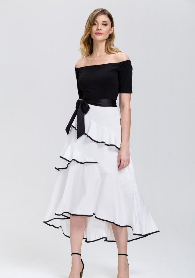 Mina Al Sheikhly - Black and White off the shoulder Tiered Ruffle Skirt Midi Dress