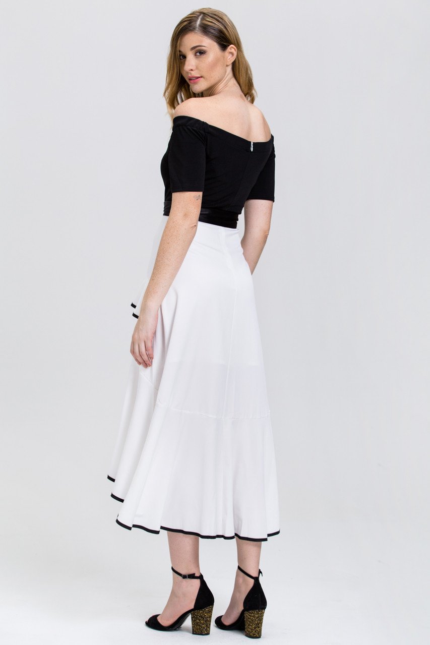 Mina Al Sheikhly - Black and White off the shoulder Tiered Ruffle Skirt Midi Dress