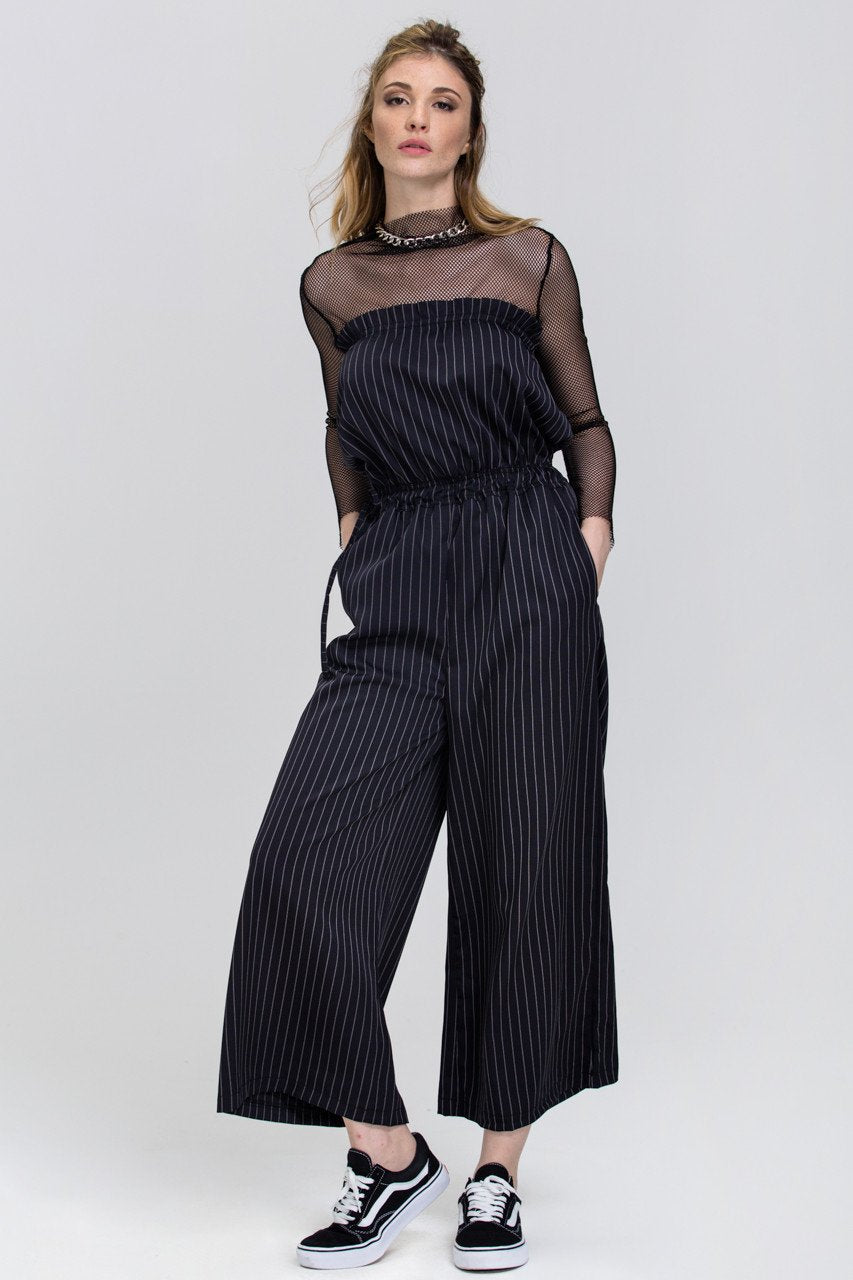 Dana AlTuwairsh - Black Pin Stripe Strapless Palazzo Jumpsuit