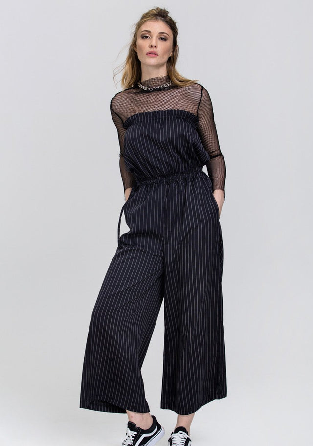 Dana AlTuwairsh - Black Pin Stripe Strapless Palazzo Jumpsuit