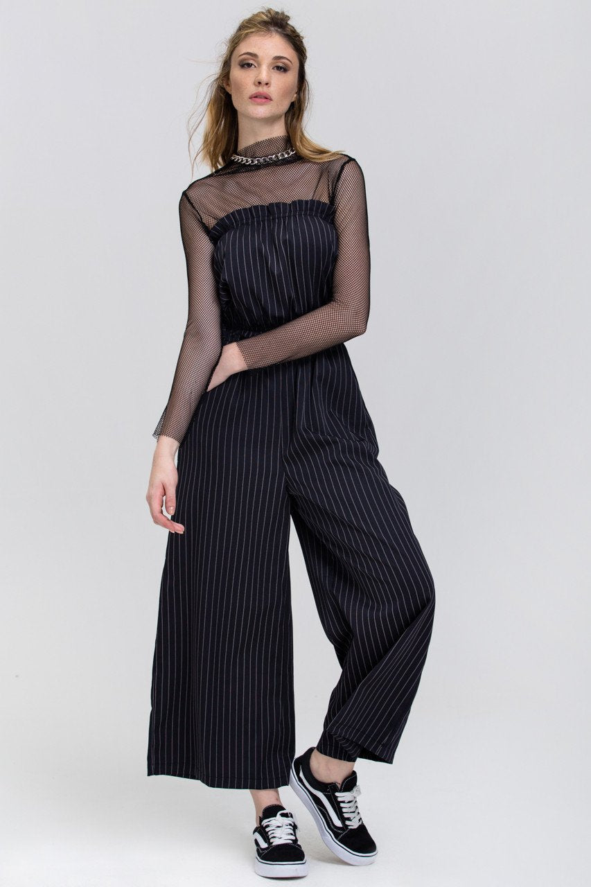 Dana AlTuwairsh - Black Pin Stripe Strapless Palazzo Jumpsuit
