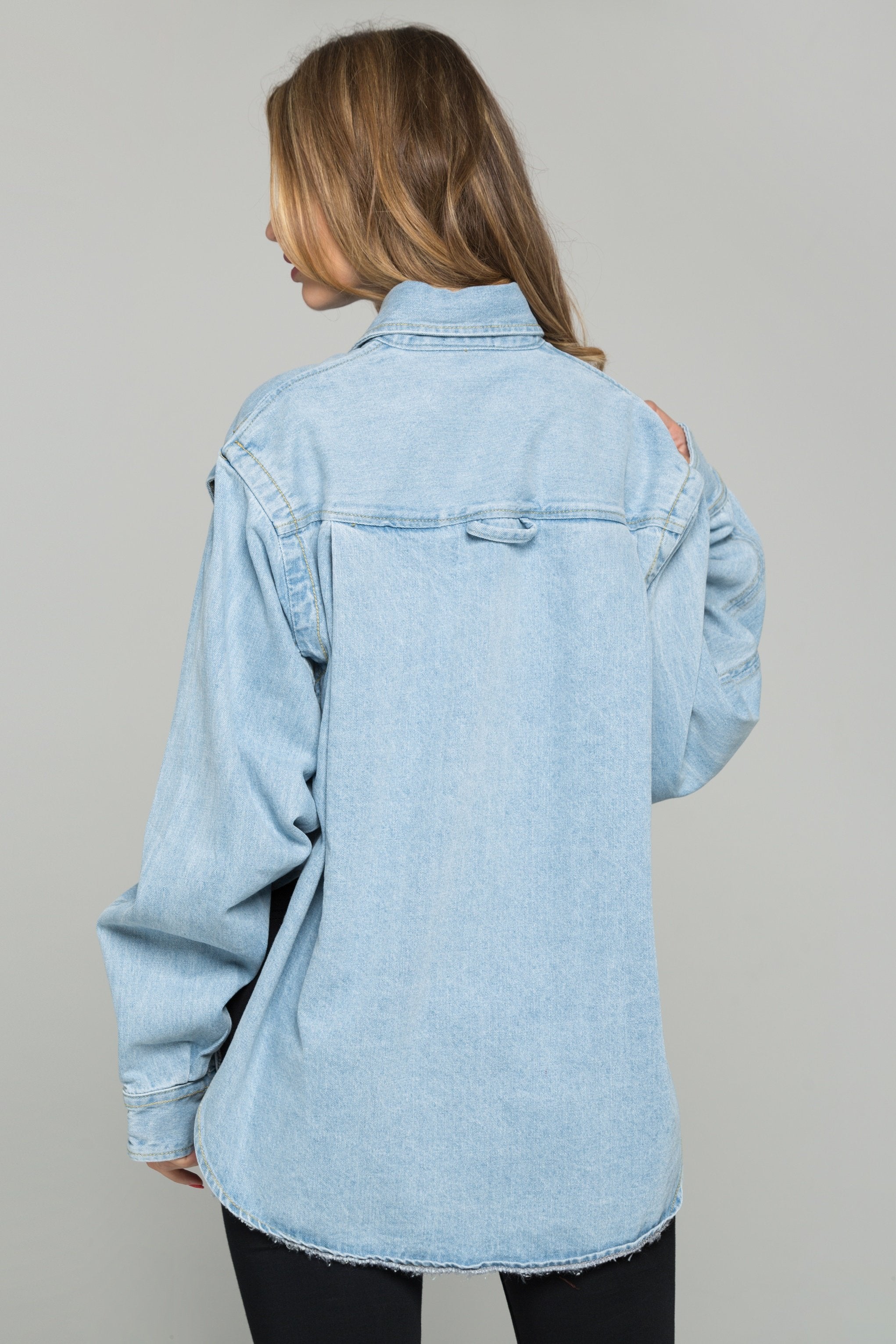 Blue Denim Long Slit Sleeves Button-down Shirt