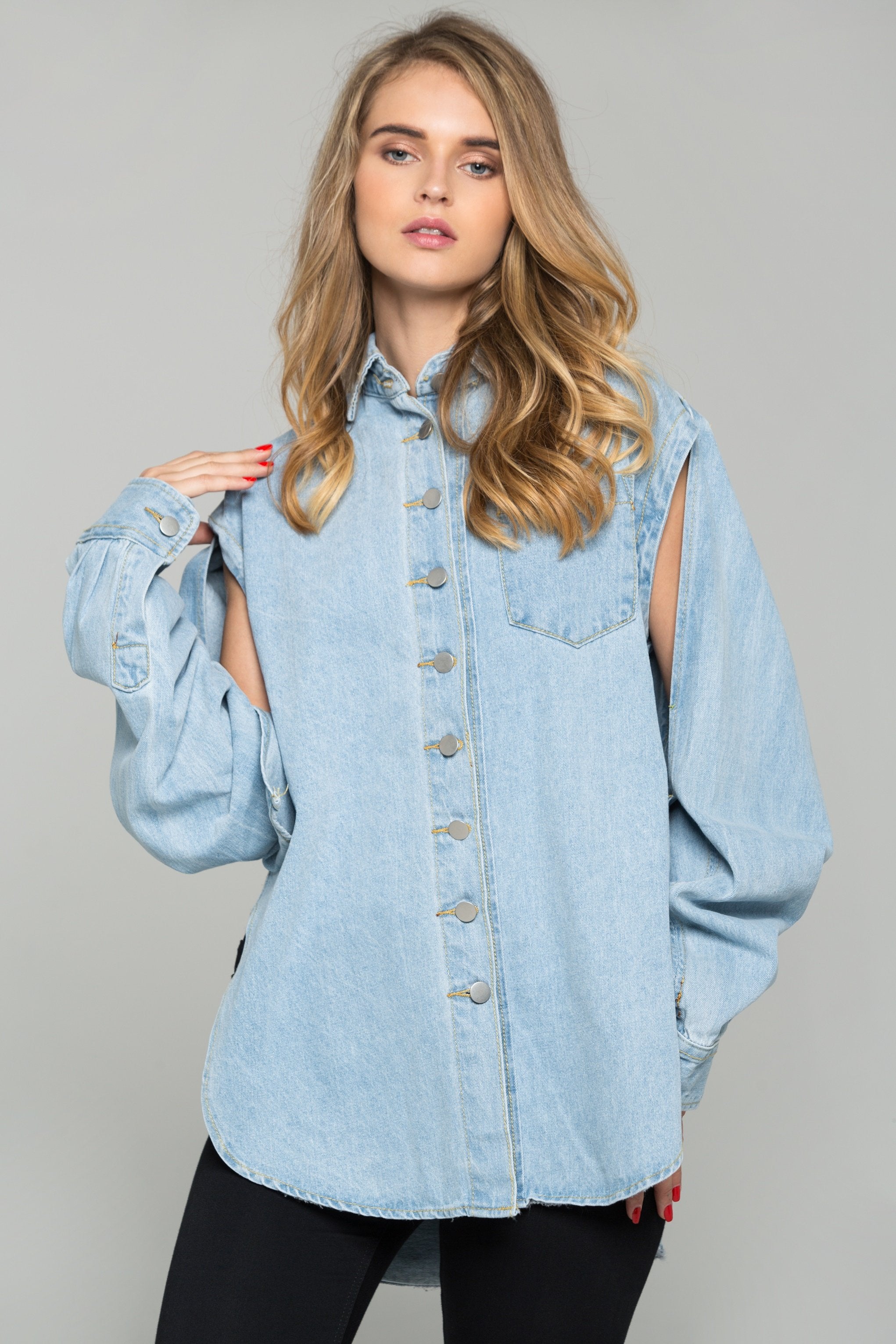 Blue Denim Long Slit Sleeves Button-down Shirt