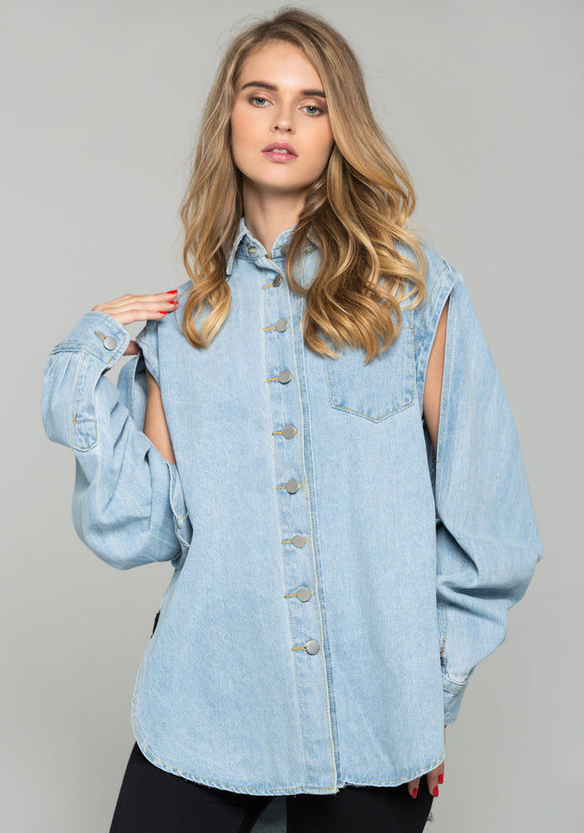 Blue Denim Long Slit Sleeves Button-down Shirt
