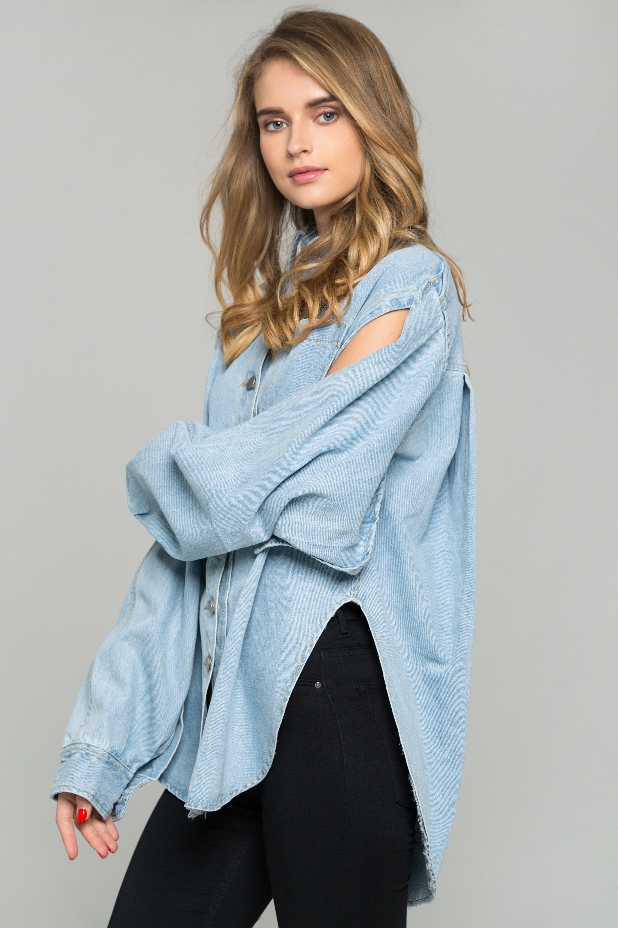 Blue Denim Long Slit Sleeves Button-down Shirt