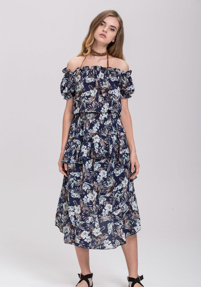 Blue Floral Printed Off the Shoulder and Ruffled Skirt Set