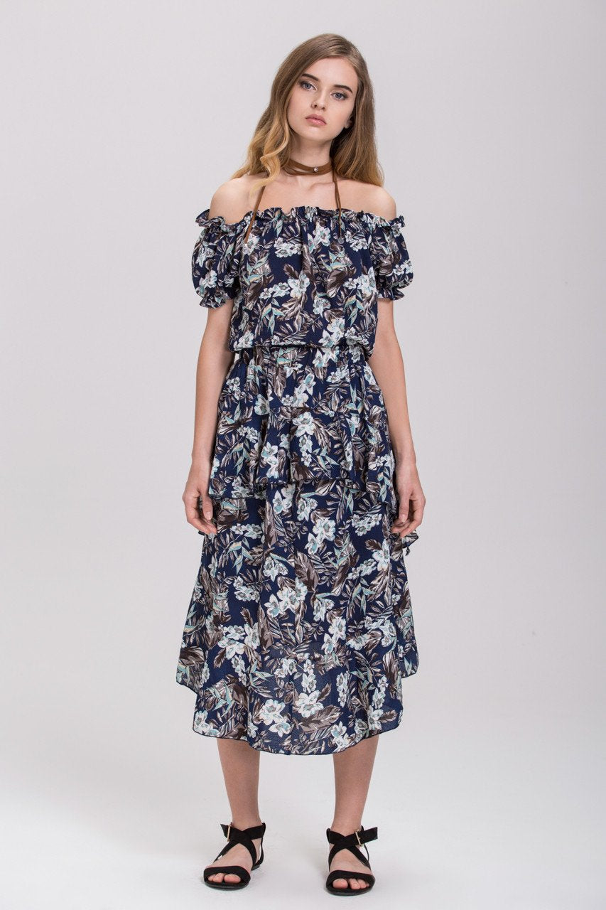 Blue Floral Printed Off the Shoulder and Ruffled Skirt Set