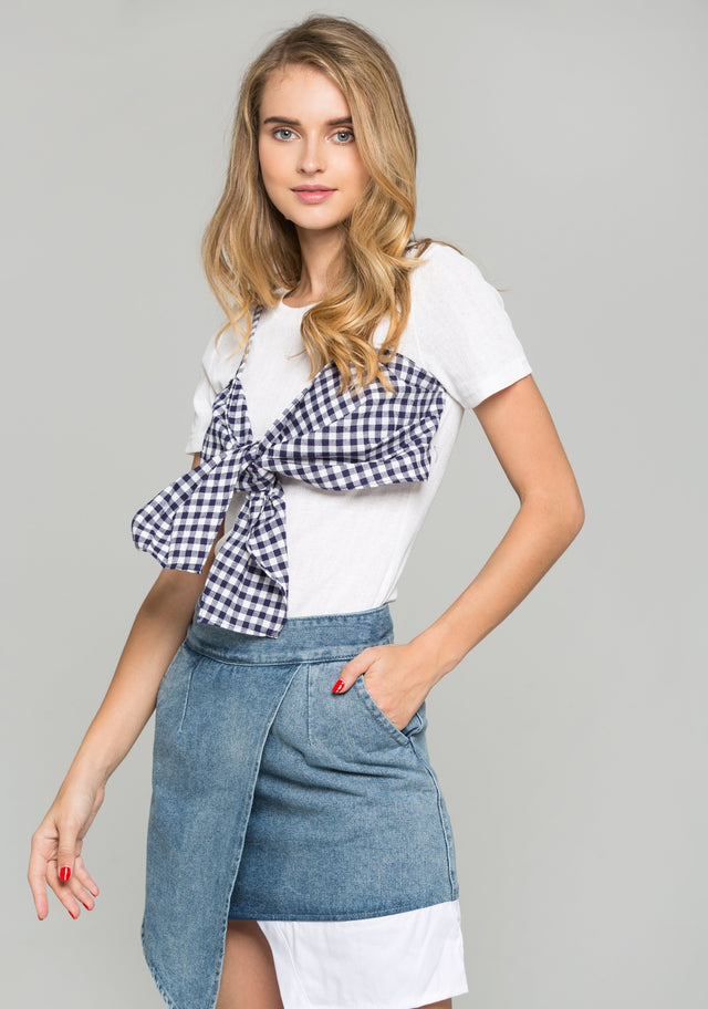 Blue Gingham Bralette Over White Crepe Crop Top