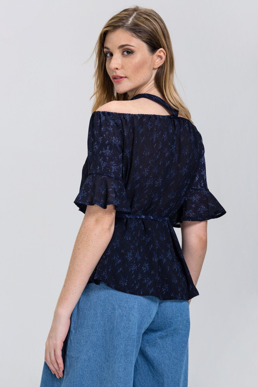 Blue Mini Flower Print cold shoulder Top