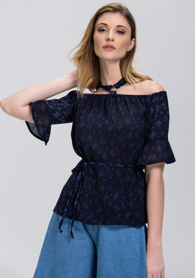 Blue Mini Flower Print cold shoulder Top