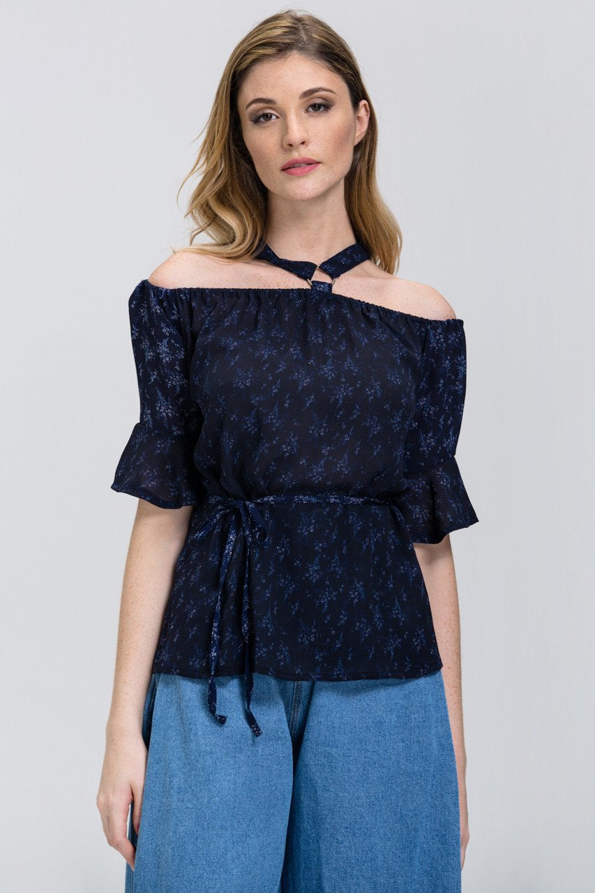 Blue Mini Flower Print cold shoulder Top
