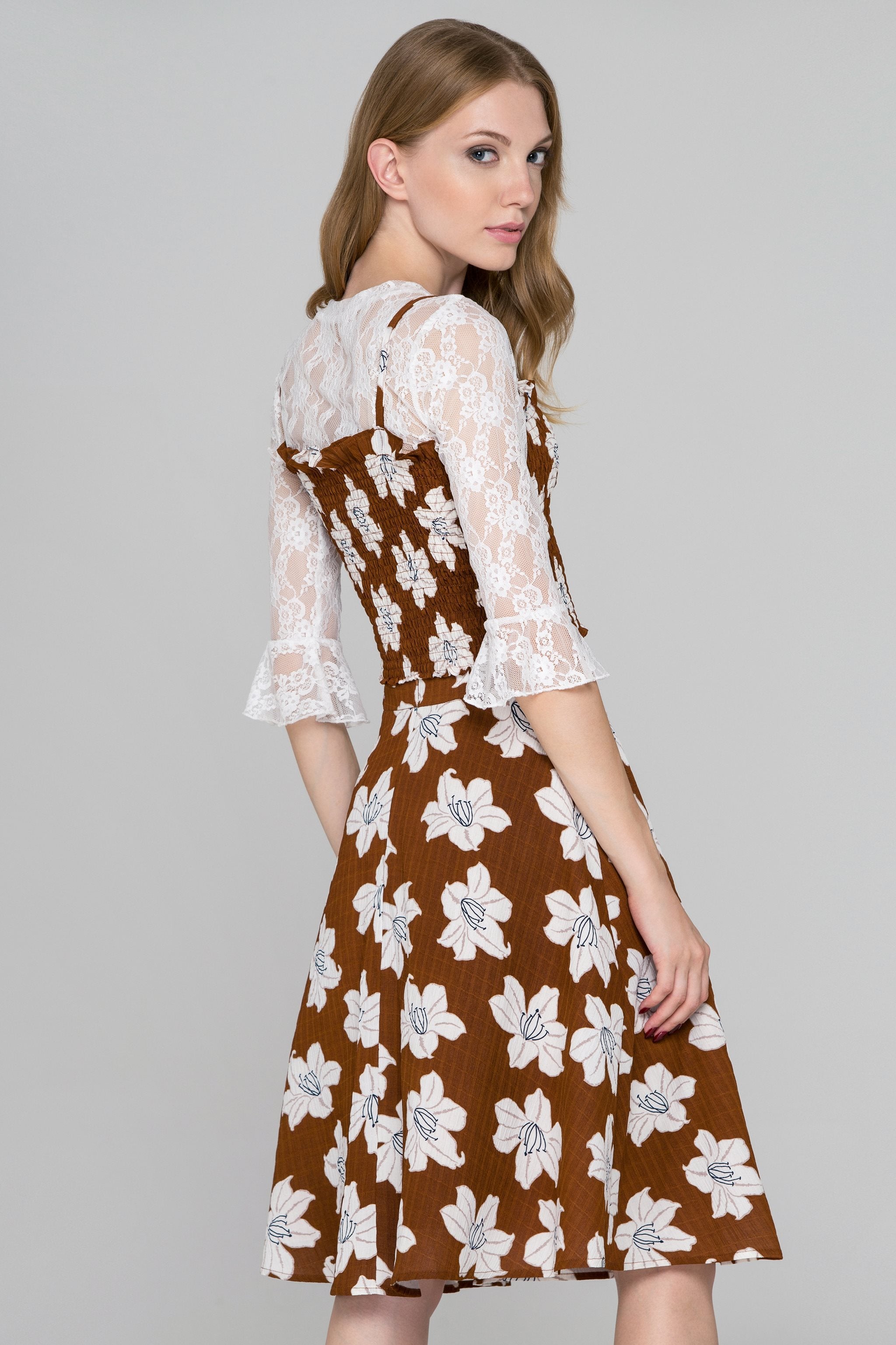 Brown Flower Print Three Piece Midi Dress