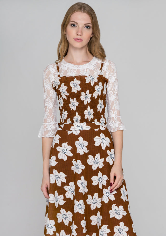 Brown Flower Print Three Piece Midi Dress