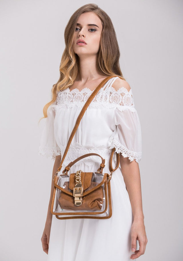 Brown Trim Chain Transparent Handbag
