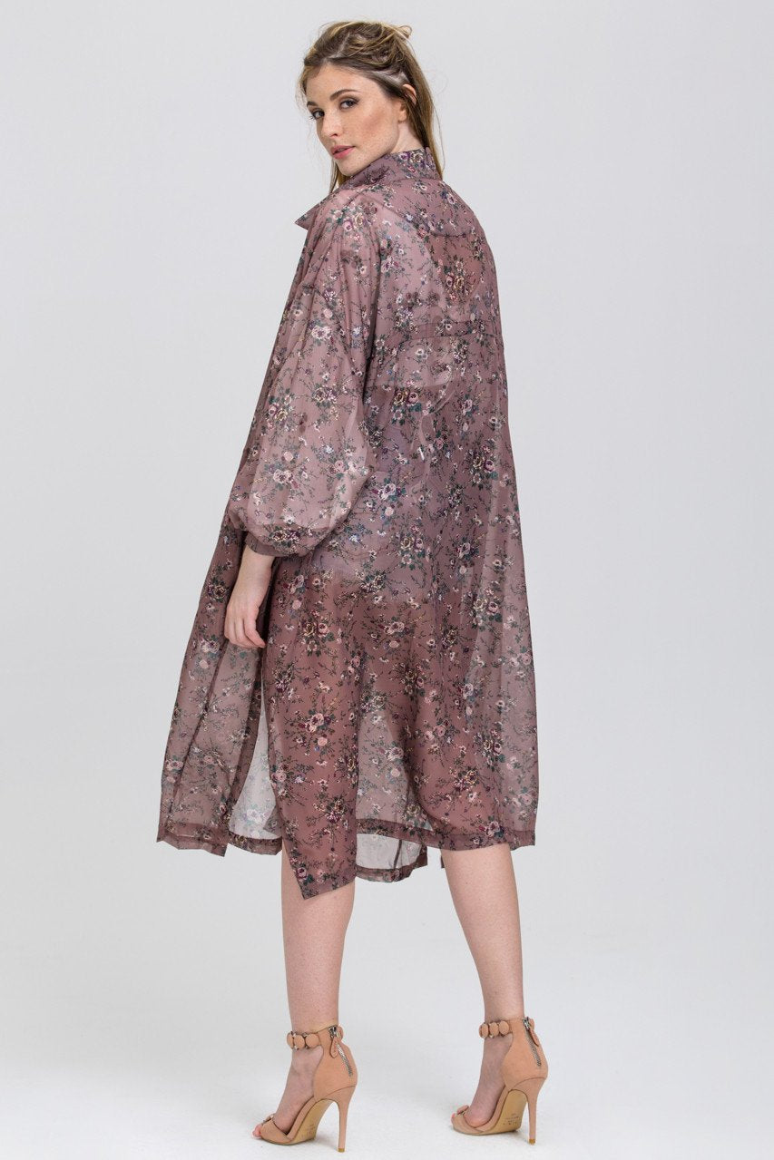 Brown Vintage Floral Print Sheer Shirt Robe Top