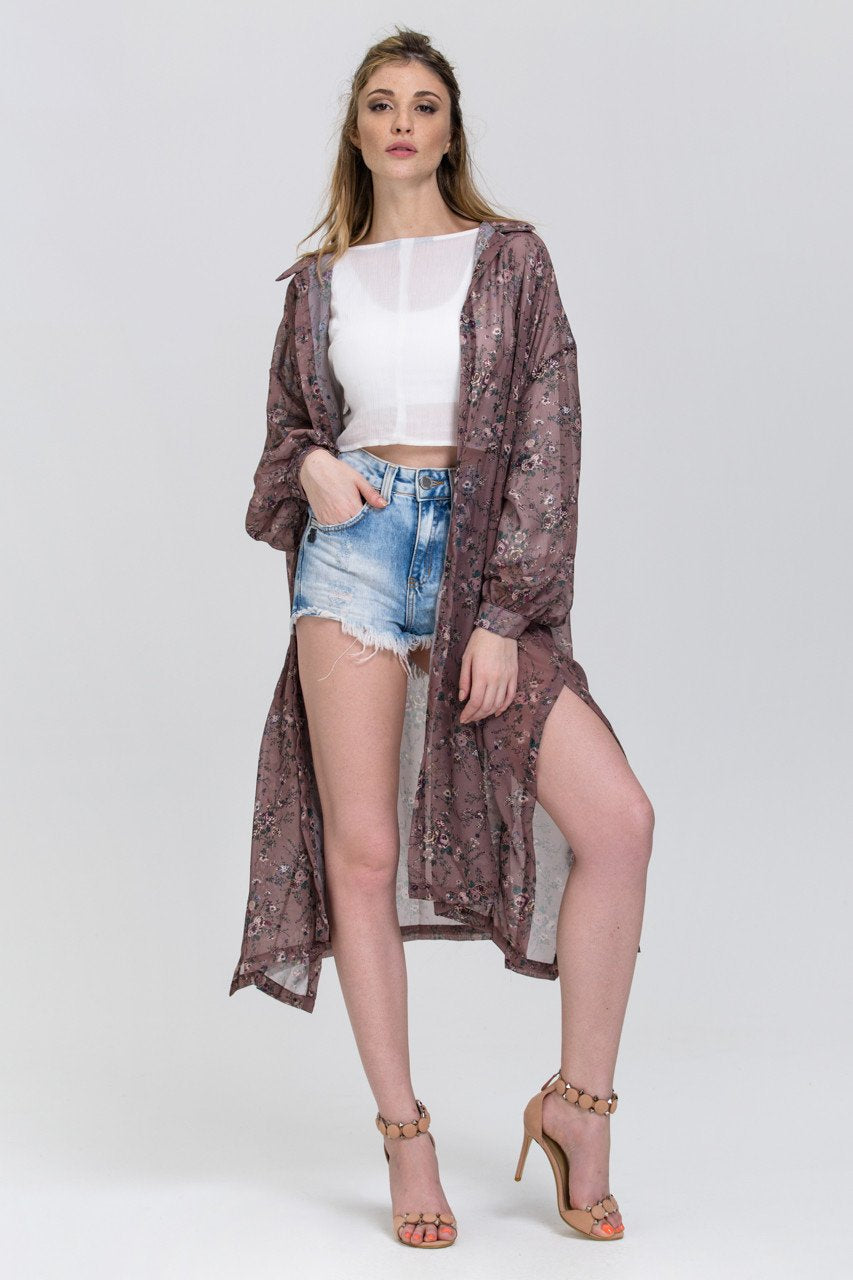 Brown Vintage Floral Print Sheer Shirt Robe Top