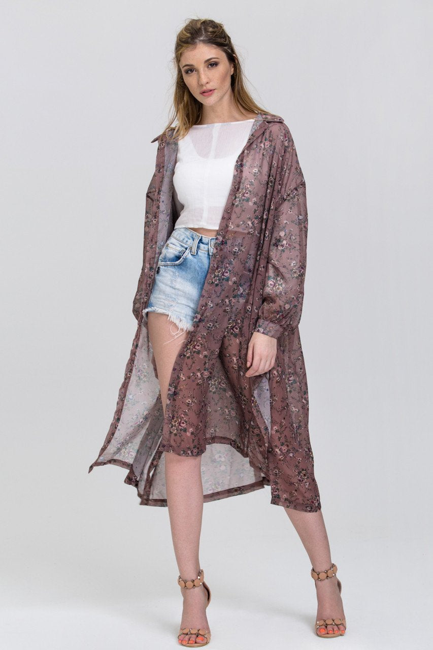 Brown Vintage Floral Print Sheer Shirt Robe Top