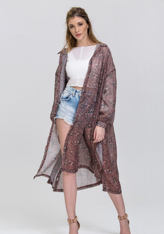 Brown Vintage Floral Print Sheer Shirt Robe Top