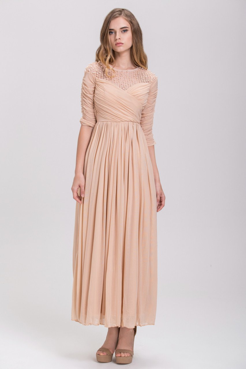 Champagne Pearl Evening Maxi Dress