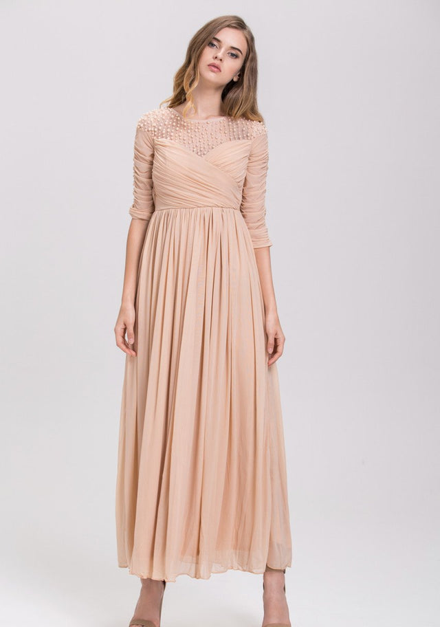 Champagne Pearl Evening Maxi Dress
