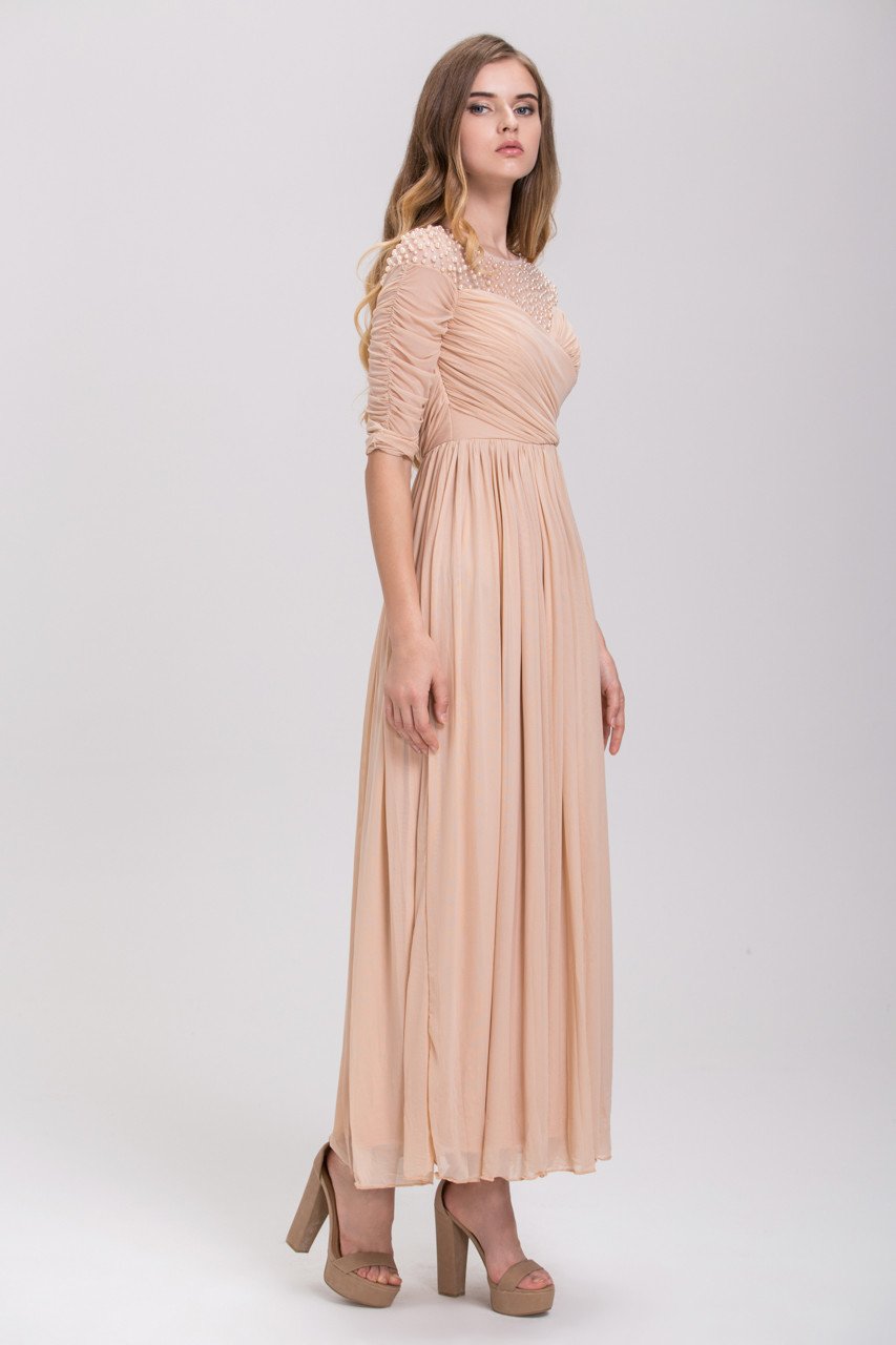 Champagne Pearl Evening Maxi Dress