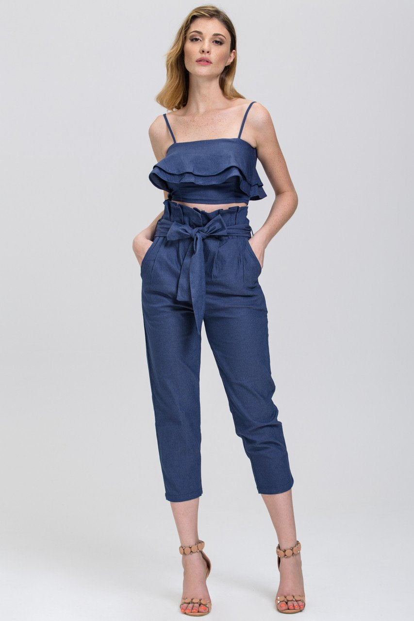 Maram Zbaeda - Denim Blue High Waist and Ruffled Bandeau 2 piece Co-ord