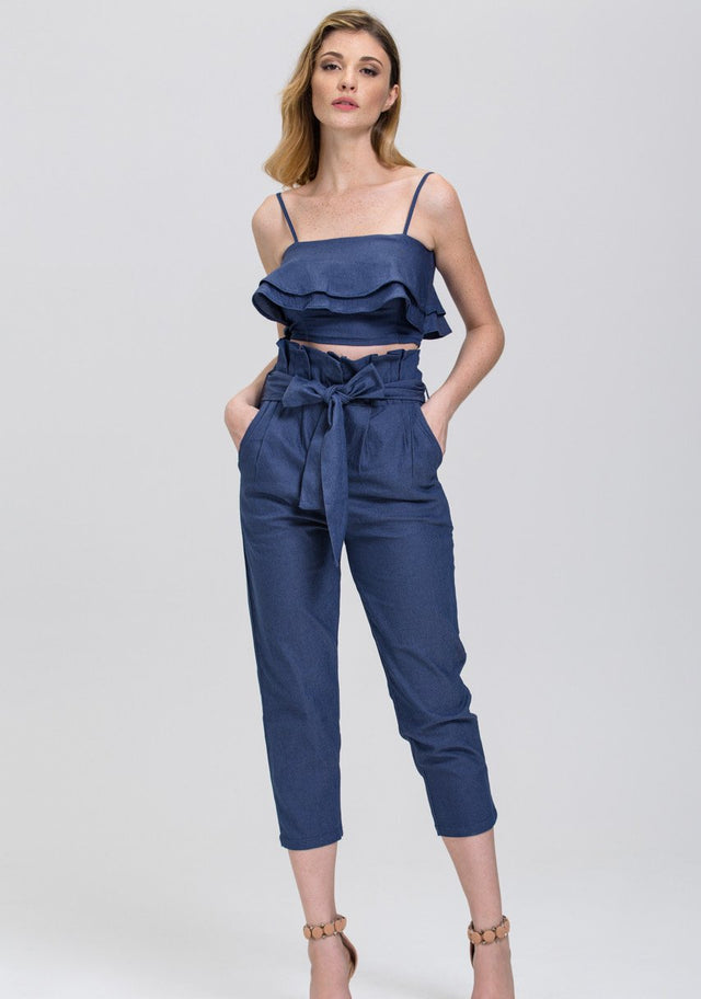 Maram Zbaeda - Denim Blue High Waist and Ruffled Bandeau 2 piece Co-ord