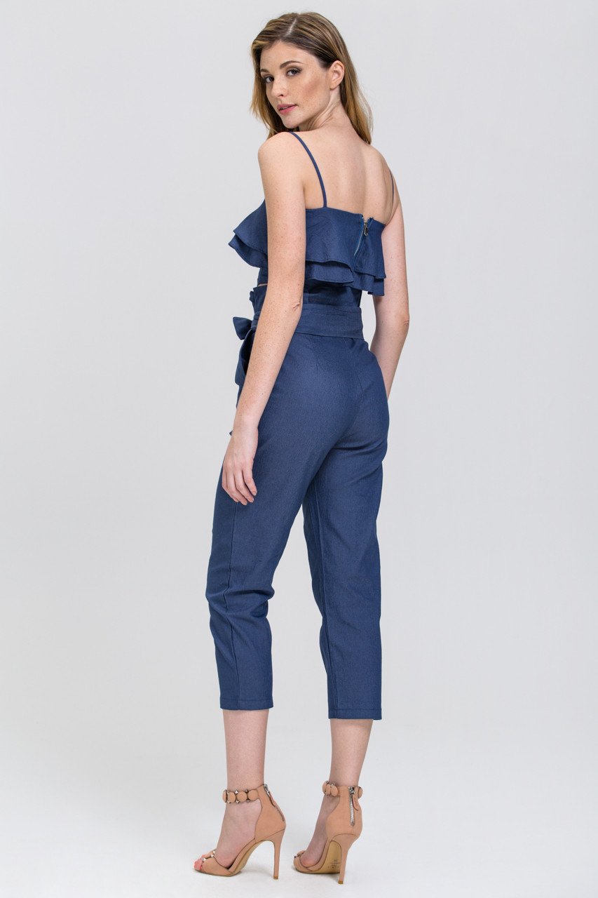 Maram Zbaeda - Denim Blue High Waist and Ruffled Bandeau 2 piece Co-ord