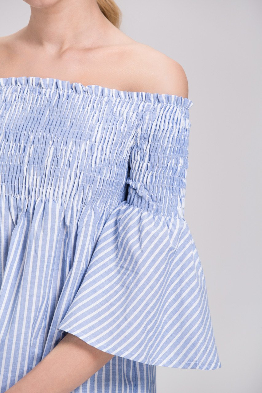 Denim Blue Vertical Stripe Elastic off the shoulder Empire Tunic Top