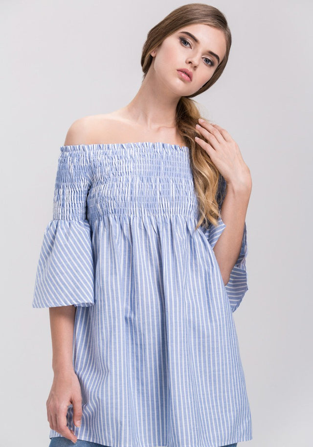 Denim Blue Vertical Stripe Elastic off the shoulder Empire Tunic Top
