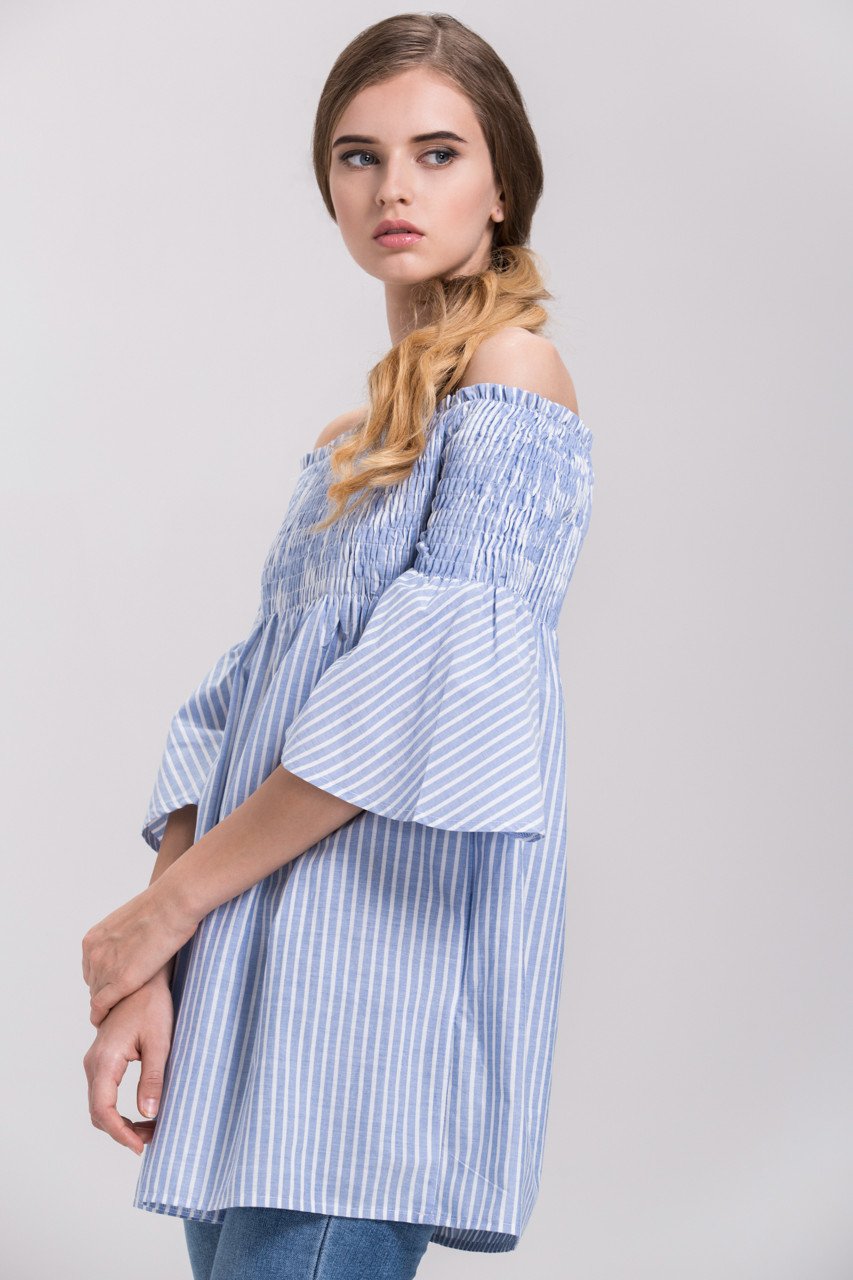 Denim Blue Vertical Stripe Elastic off the shoulder Empire Tunic Top