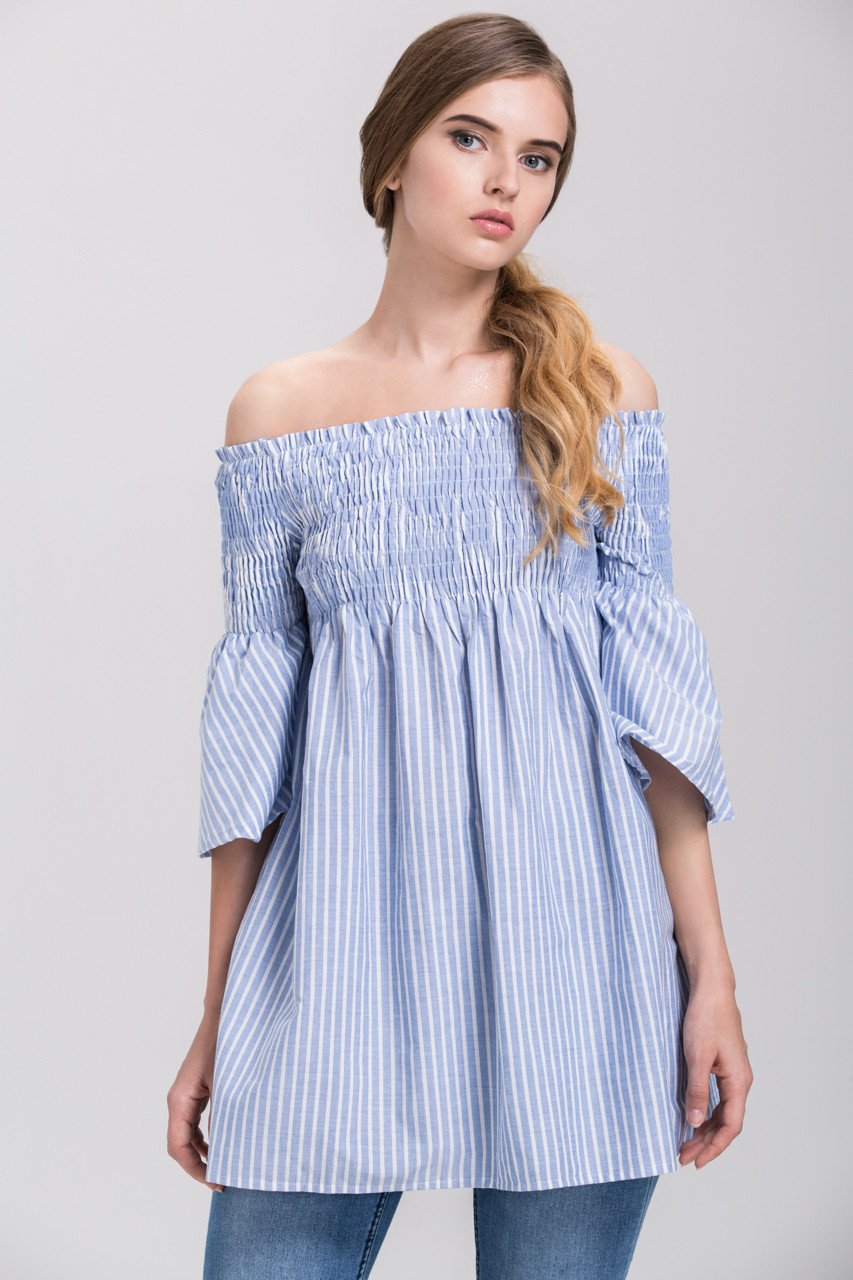 Denim Blue Vertical Stripe Elastic off the shoulder Empire Tunic Top