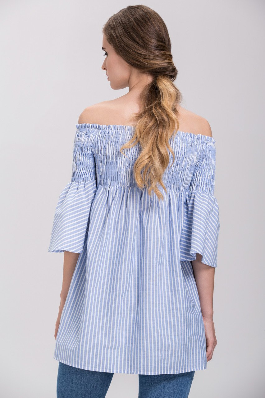 Denim Blue Vertical Stripe Elastic off the shoulder Empire Tunic Top