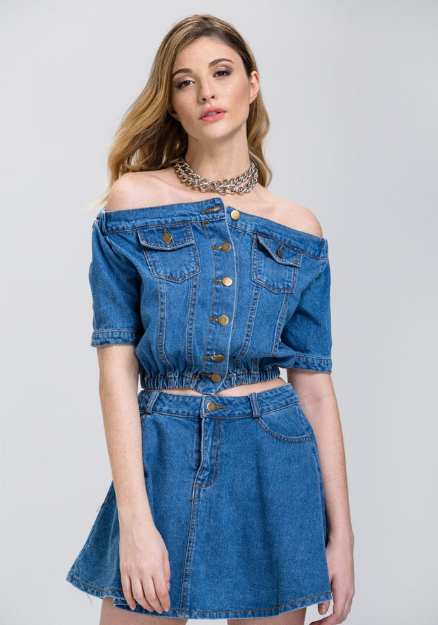 Denim Off the Shoulder Button Up Top and Mini Skirt Set
