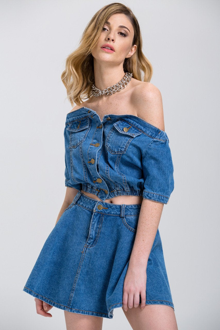 Denim Off the Shoulder Button Up Top and Mini Skirt Set