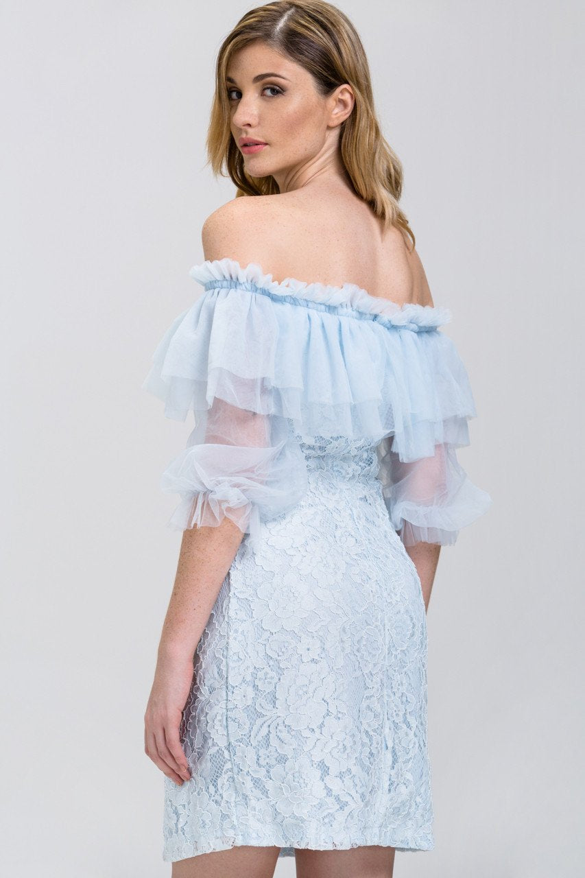 Enchanted Blue Lace Tulle Ruffle Off the Shoulder Mini Dress
