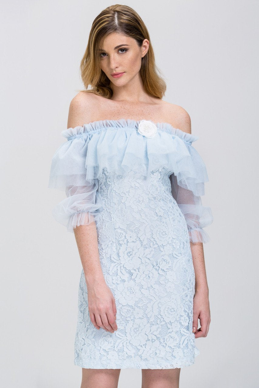 Enchanted Blue Lace Tulle Ruffle Off the Shoulder Mini Dress