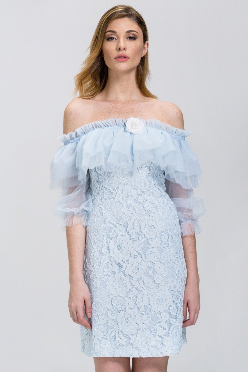 Enchanted Blue Lace Tulle Ruffle Off the Shoulder Mini Dress