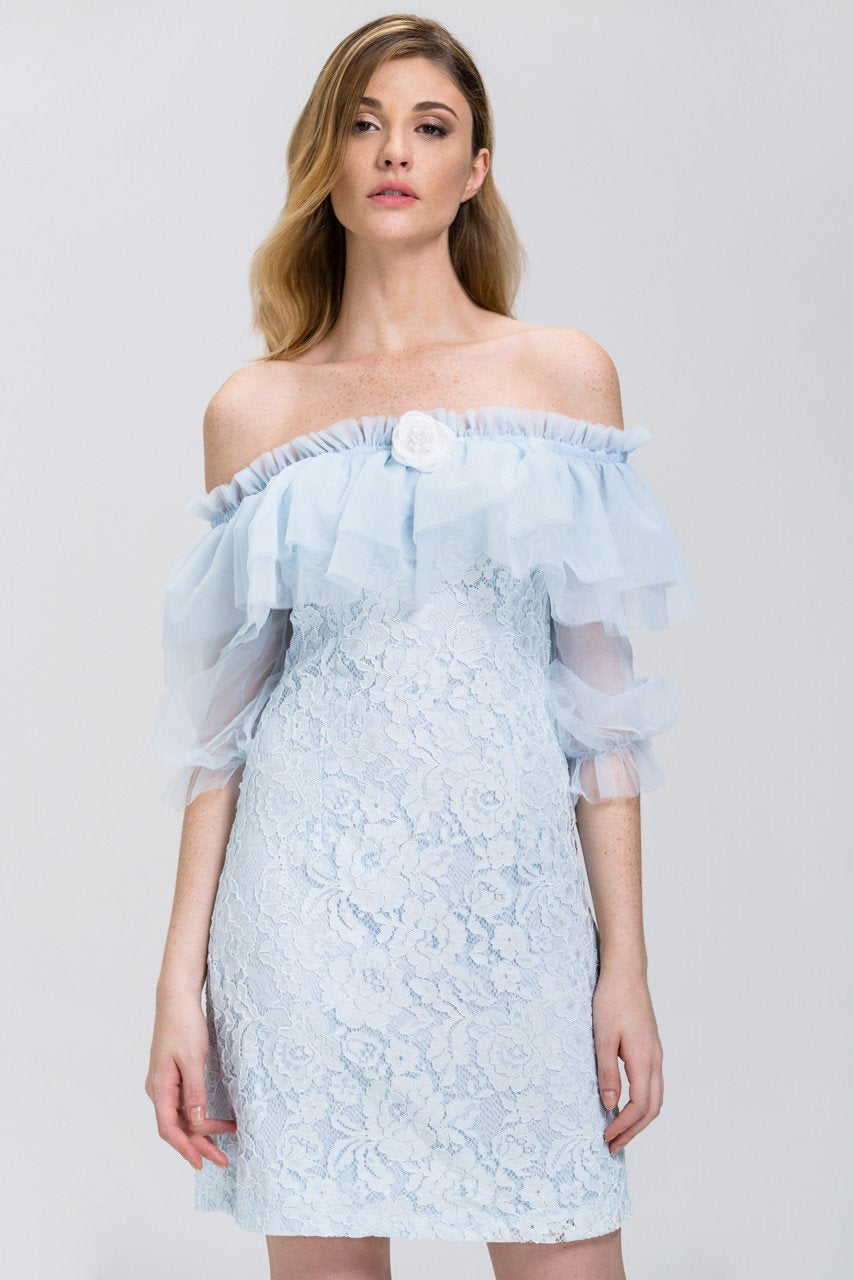 Enchanted Blue Lace Tulle Ruffle Off the Shoulder Mini Dress