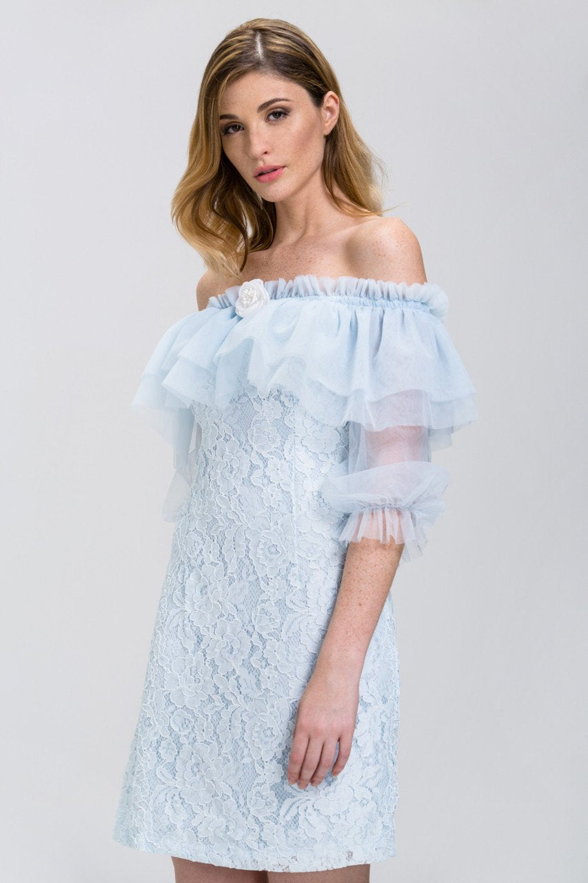 Enchanted Blue Lace Tulle Ruffle Off the Shoulder Mini Dress